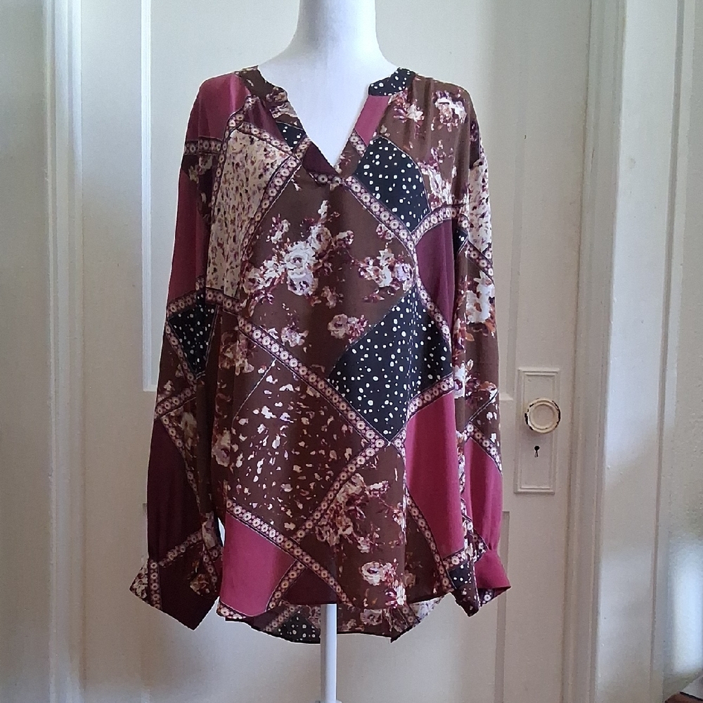 Maurices Scheer Floral Patchwork Design V-Neck Blouse